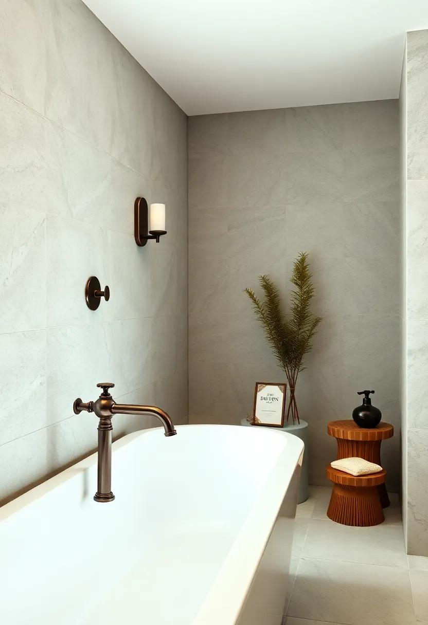 Intricately Designed Vintage Faucets Adding Character to a Serene Bathing Area