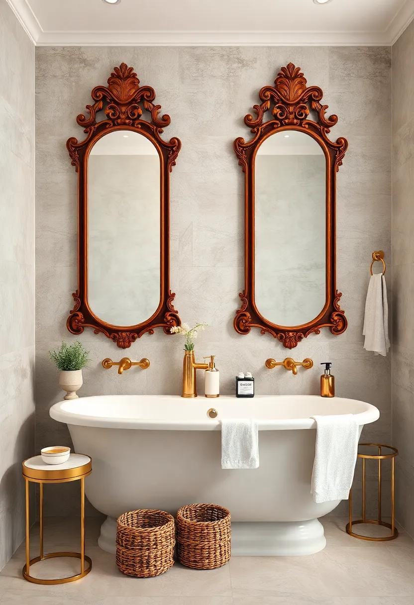 Ornate Antique Mirrors Framed by Rich Wood and Gold Accents in a Classic Bath Retreat