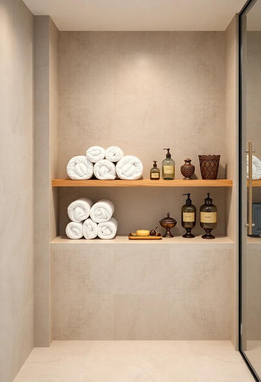 Plush White Towels Rolled Neatly on an Open Shelf Next to Antique Soap Dishes and Jars