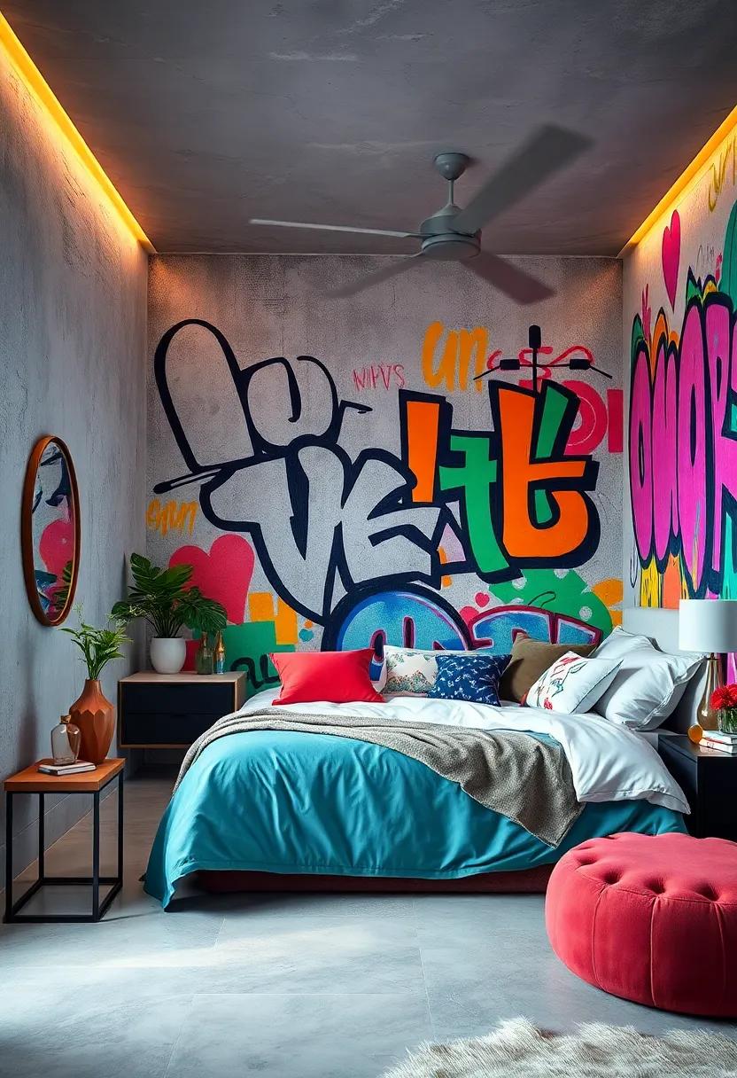 Vibrant Graffiti Wall Murals as the Focal Point of a Colorful Bedroom Interior