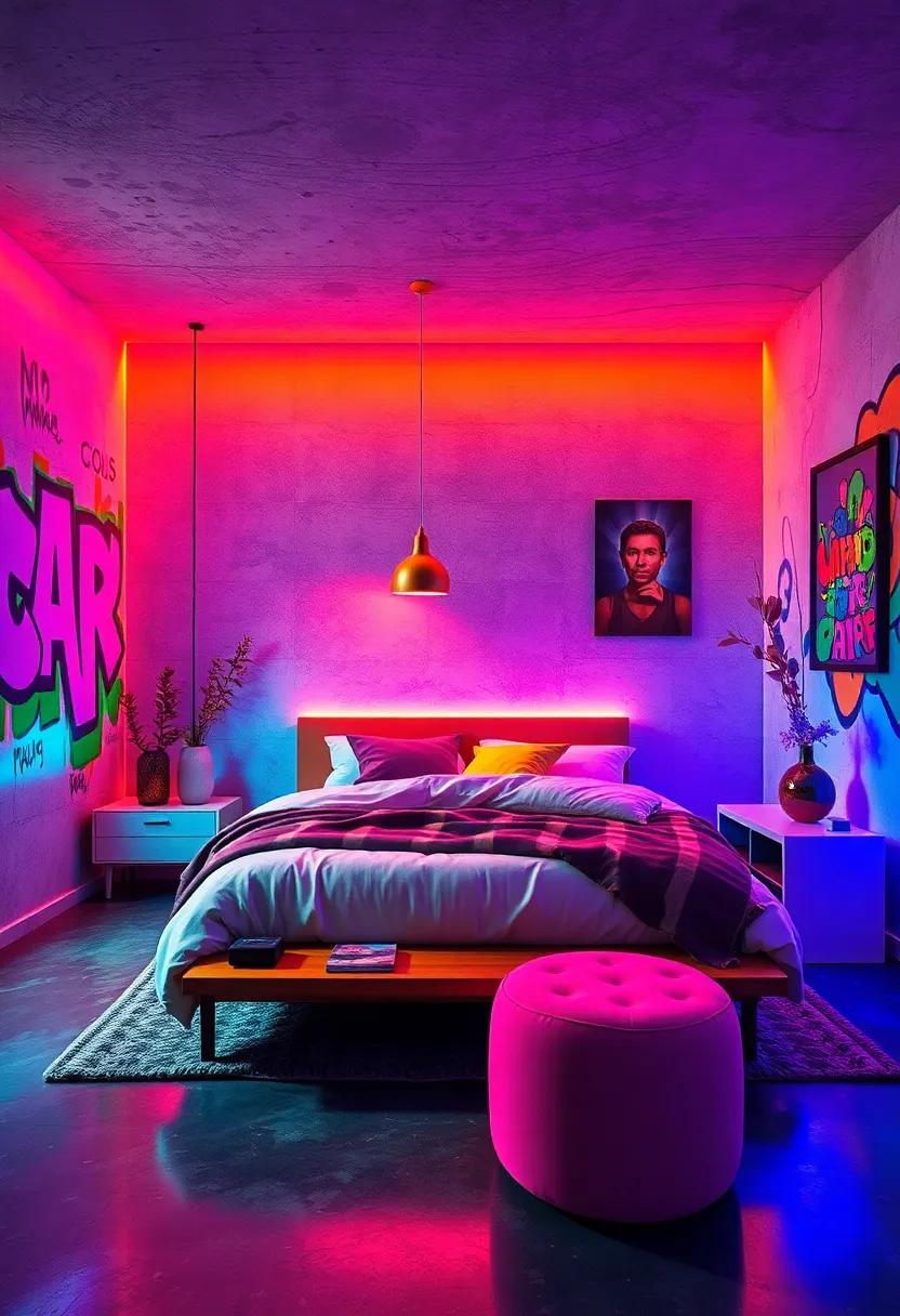 Dynamic Use of Neon Colors Illuminating a Modern Urban Bedroom Space