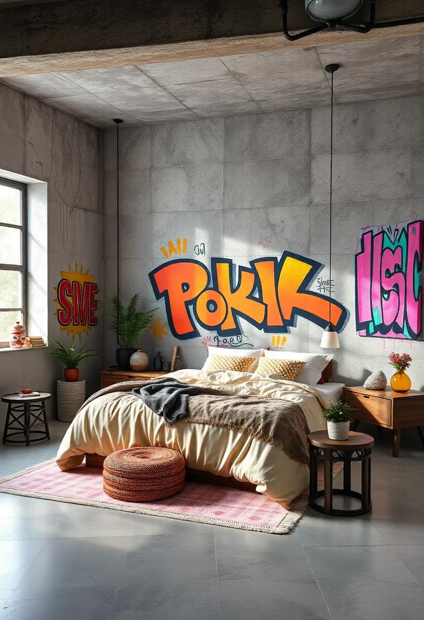 Contrast Between Industrial Raw Materials and Bright Graffiti Artwork in Bedroom Design