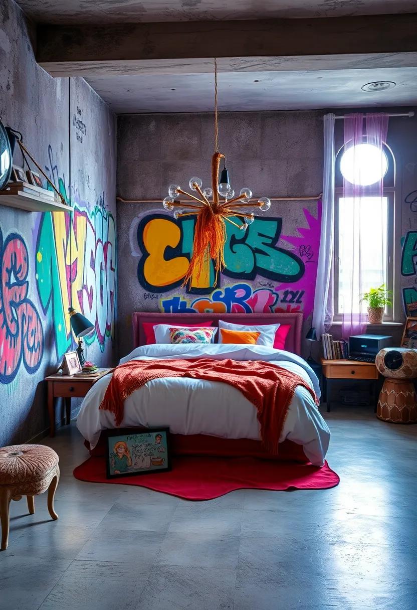 Fusion of Natural Light and Illuminated Graffiti Elements for a Dreamy Bedroom Atmosphere