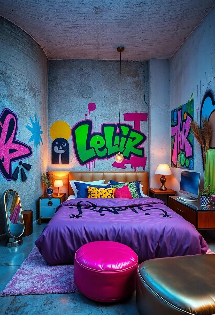 Vibrant Characters Interacting Playfully with Bedroom Fixtures and Decorative Elements