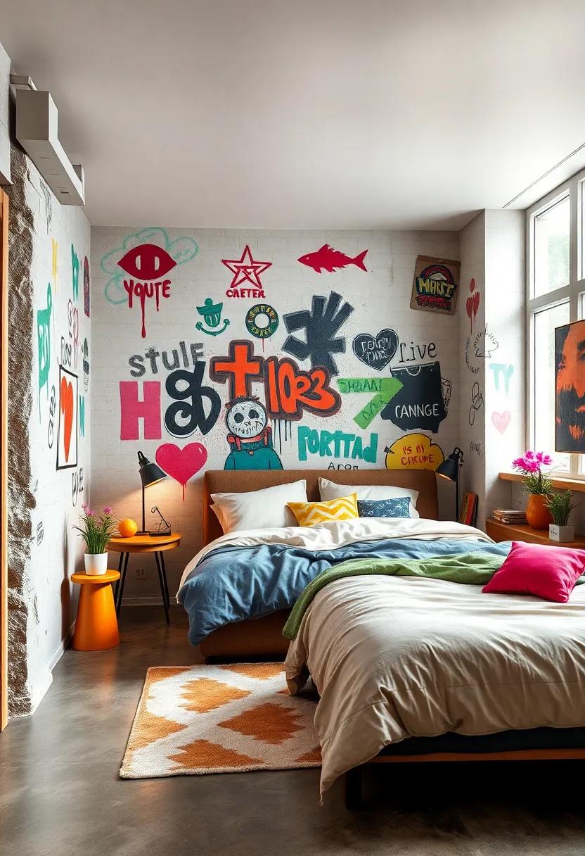 Playful Collage of Stencils and Tags Adding Energy to a Youthful Bedroom Ambiance