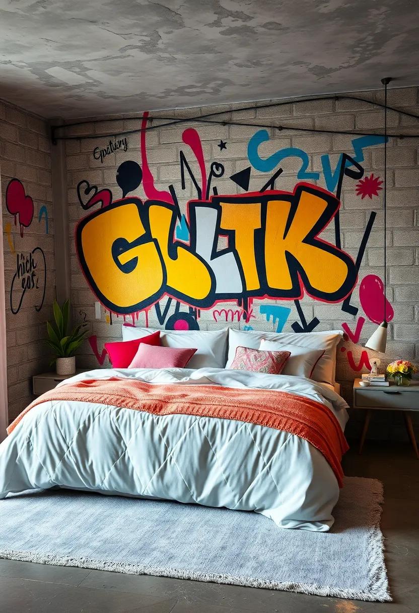 High-Contrast Graffiti Art Juxtaposed with Soft, Plush Bedroom Accessories for Balance