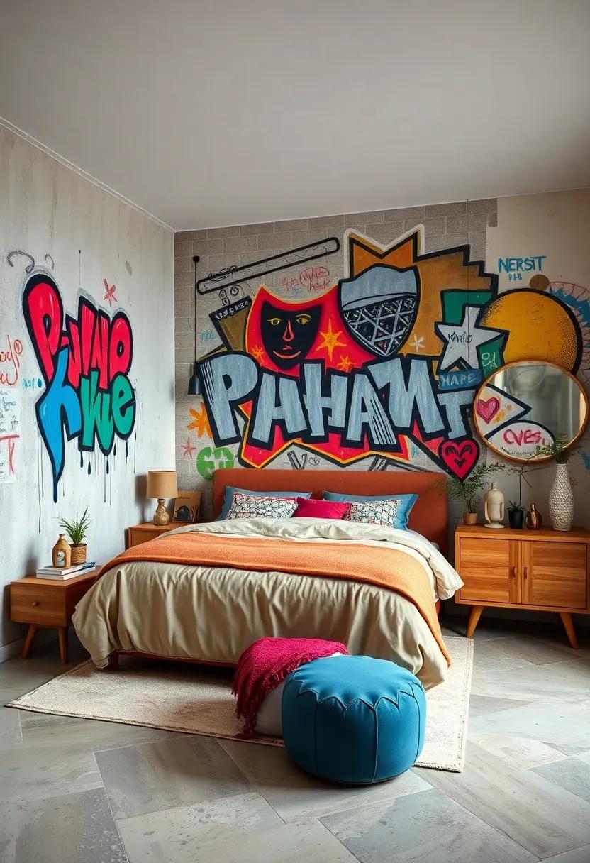 Graffiti Art Highlighting Cultural and Historical Themes in an Eclectic Bedroom Setting