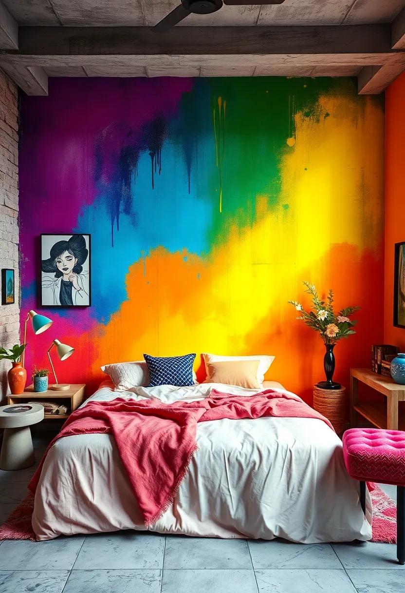 Layered Spray Paint Effects Creating Depth and Movement on Bedroom Walls