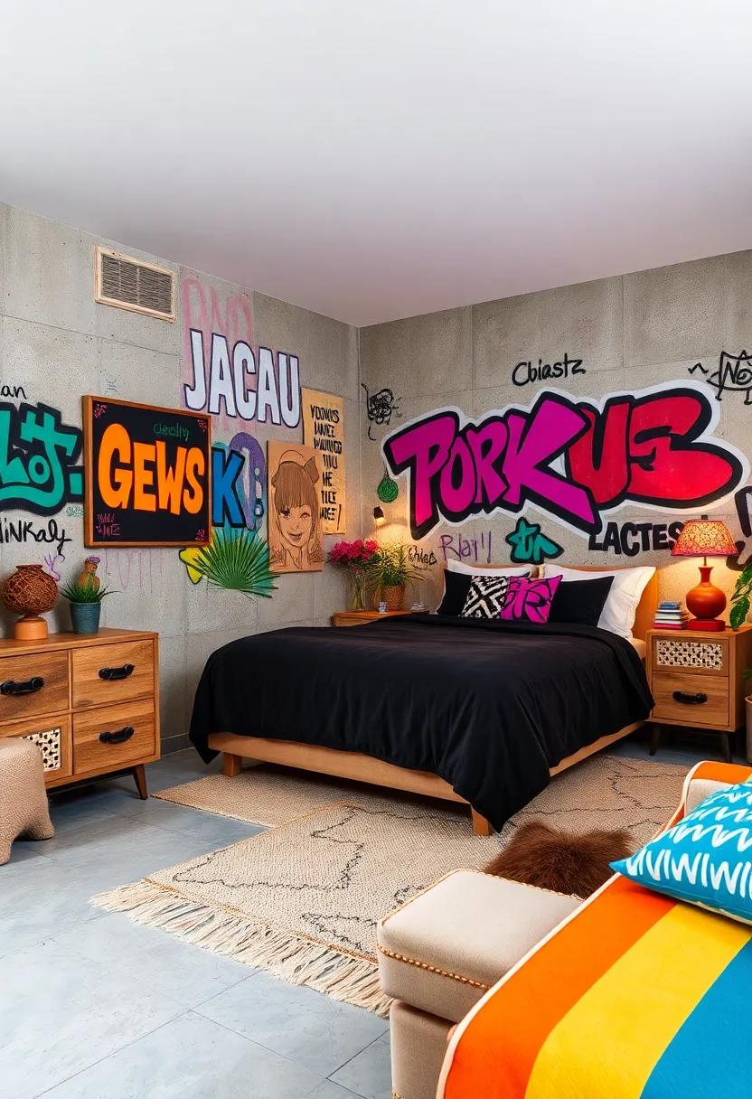 Abstract Graffiti Patterns Blending Soft Pastels with Bold Primary Hues in a Cozy Bedroom
