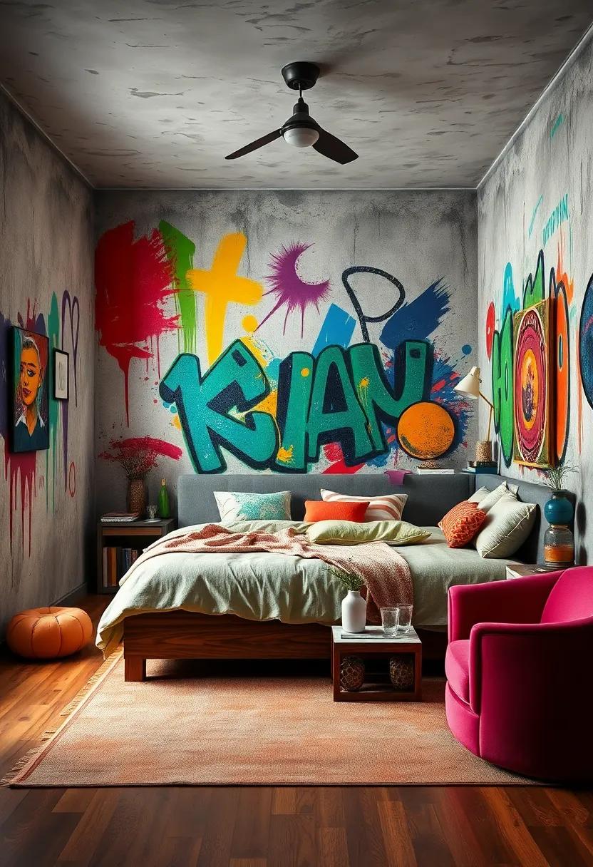 Energetic Brushstrokes Blending with Graffiti Tags to Create a Lively Bedroom Environment