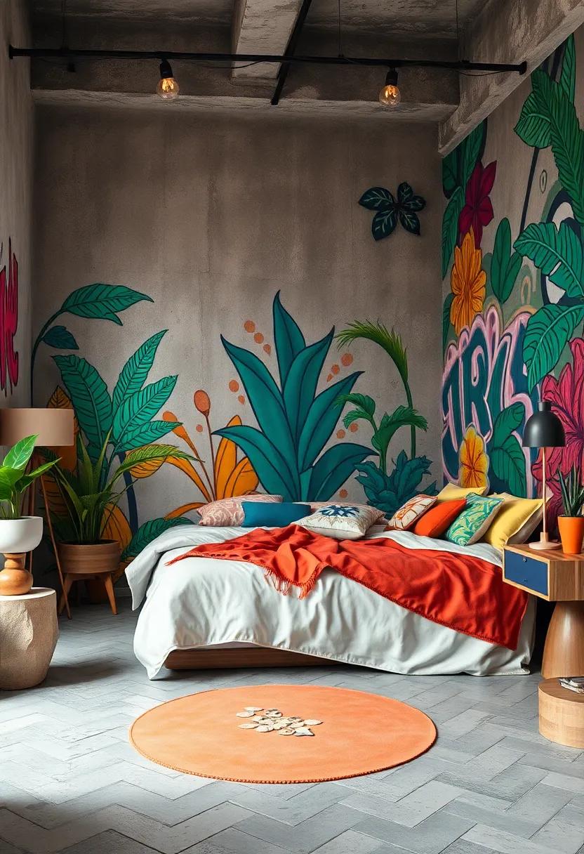 Urban Jungle Bedroom Scene with Graffiti Art Merging Nature Motifs and Vibrancy