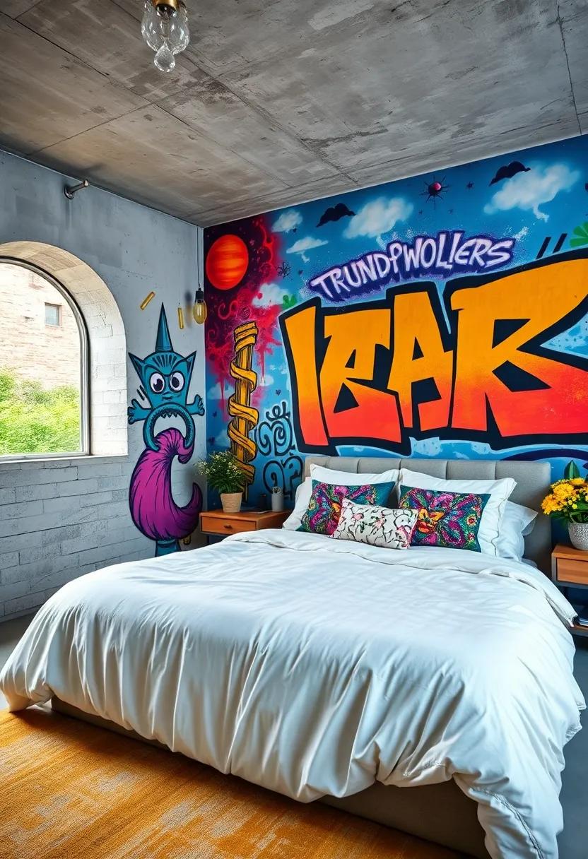 Dreamlike Graffiti Murals with Surreal Imagery Enhancing a Bedroom's Visual Storytelling