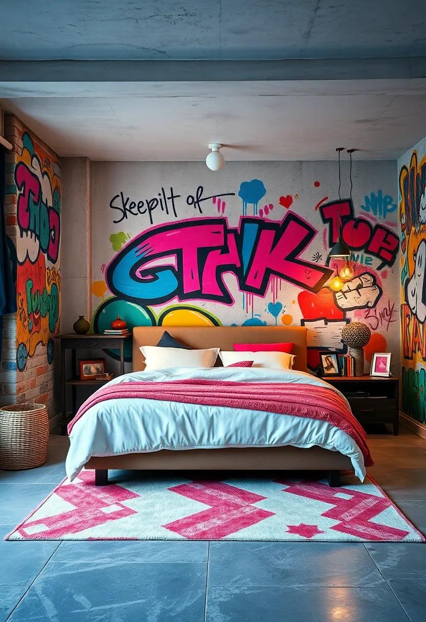 Street Art Inspired Bedroom Featuring Layered Textures and Multicolored Accents