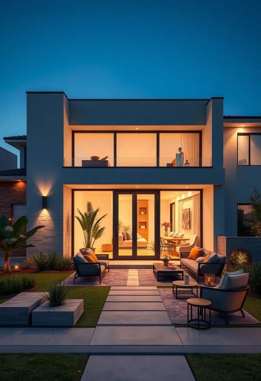 Modern Outdoor Lighting Fixtures Highlighting Architectural Features After Dusk