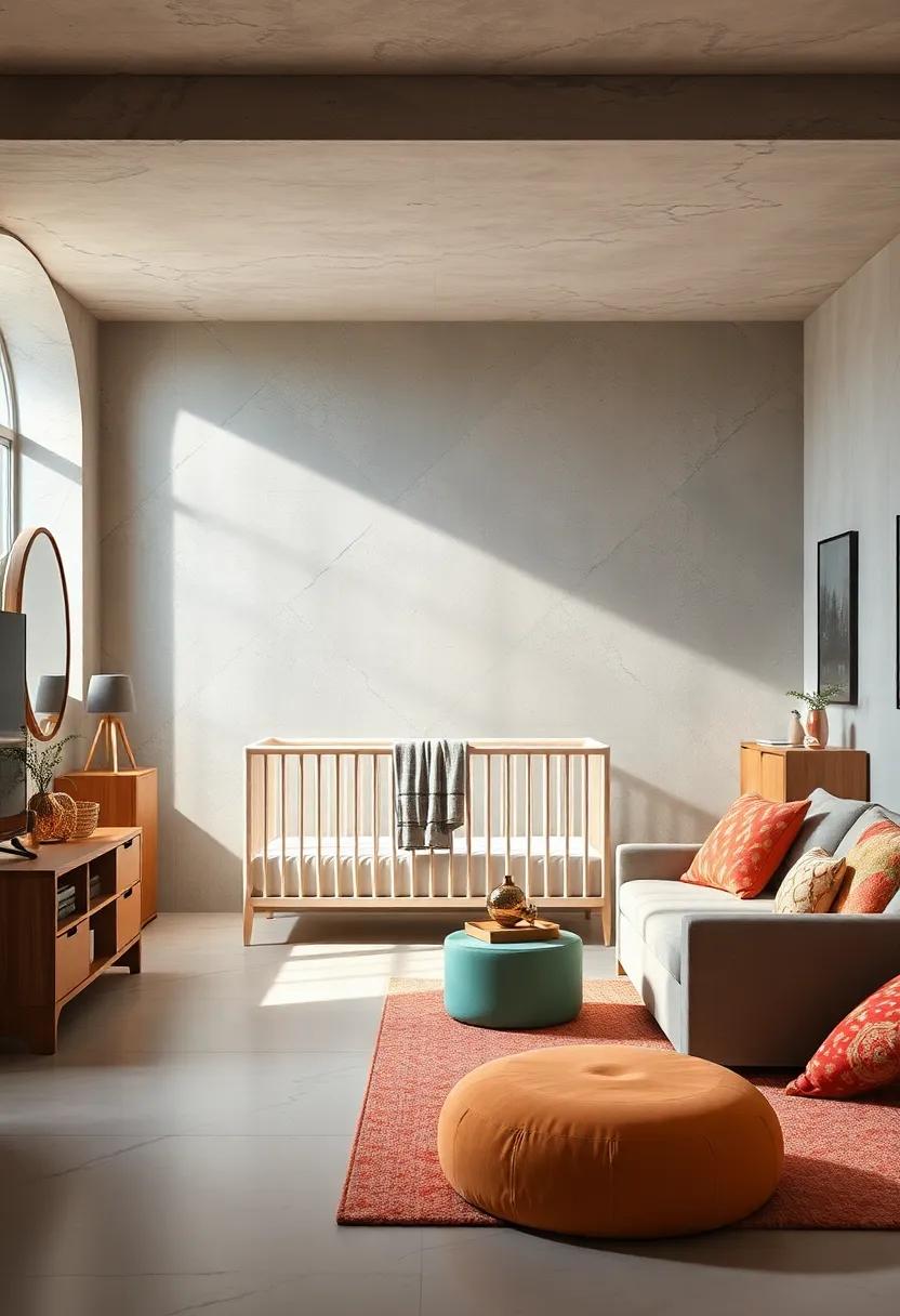 Geometric Shapes and Bold Accents Defining Contemporary Convertible Crib and Changing Station Styles