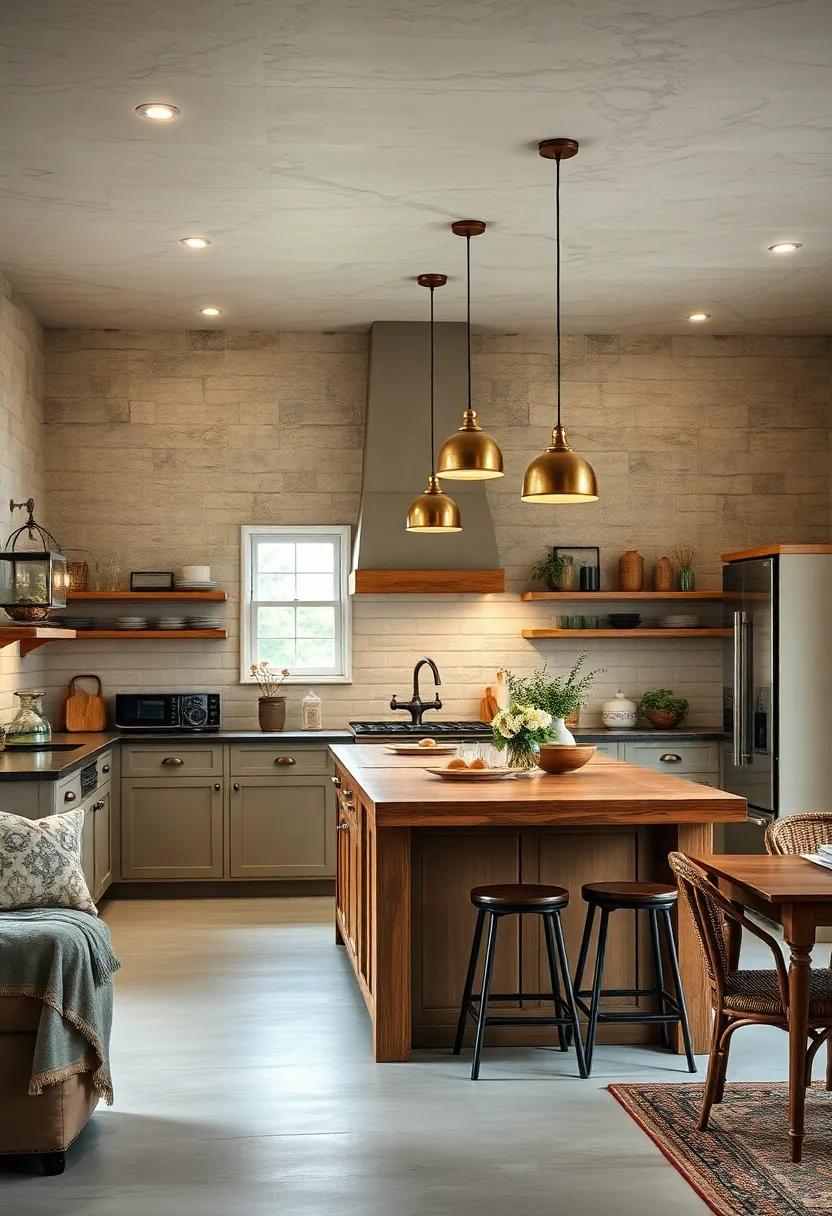 Antique Brass Pendant Lights Casting a Gentle Glow Over a Central Wooden Kitchen Island