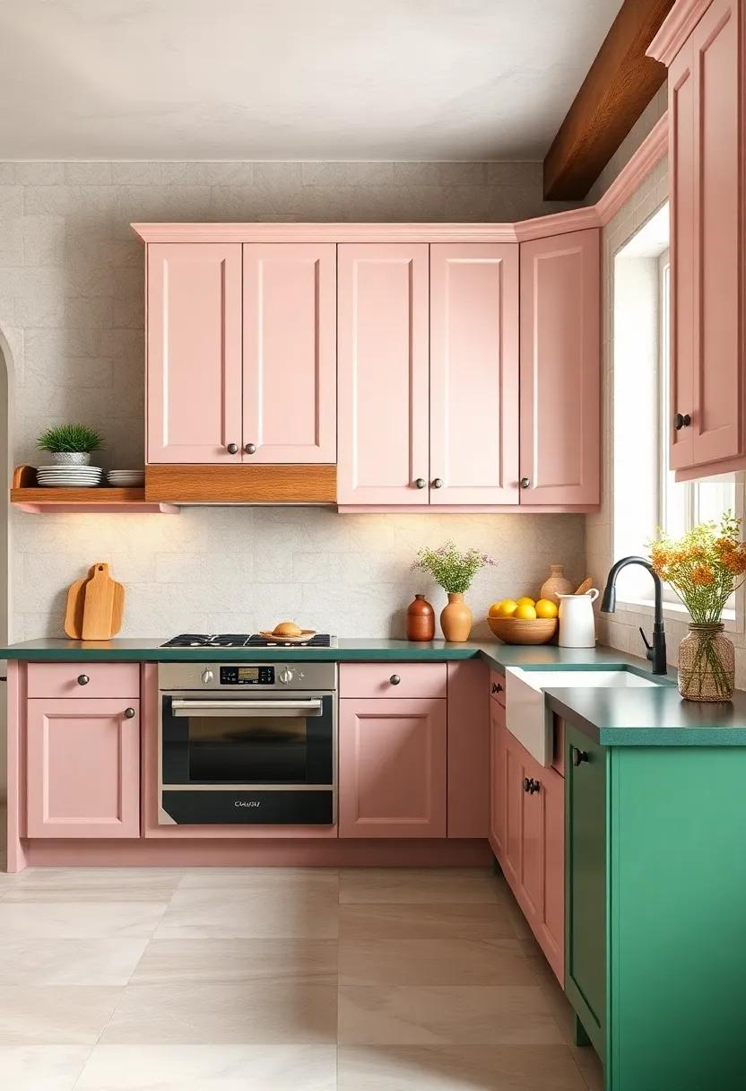 Blush Pink Cabinets Combined With Deep Green Countertops For a Fresh Yet Cozy Cottage Feel