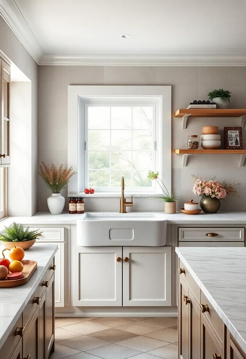 Classic Farmhouse Sink Surrounded By Smooth Marble Countertops And Brass Fixtures
