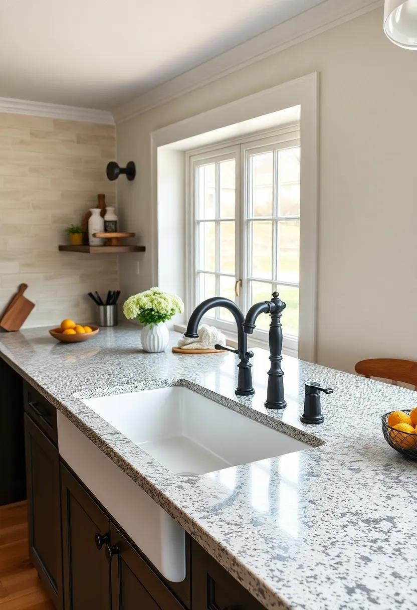 Classic Porcelain Sink Brushed With Matte Black Fixtures And Surrounding Textured Granite