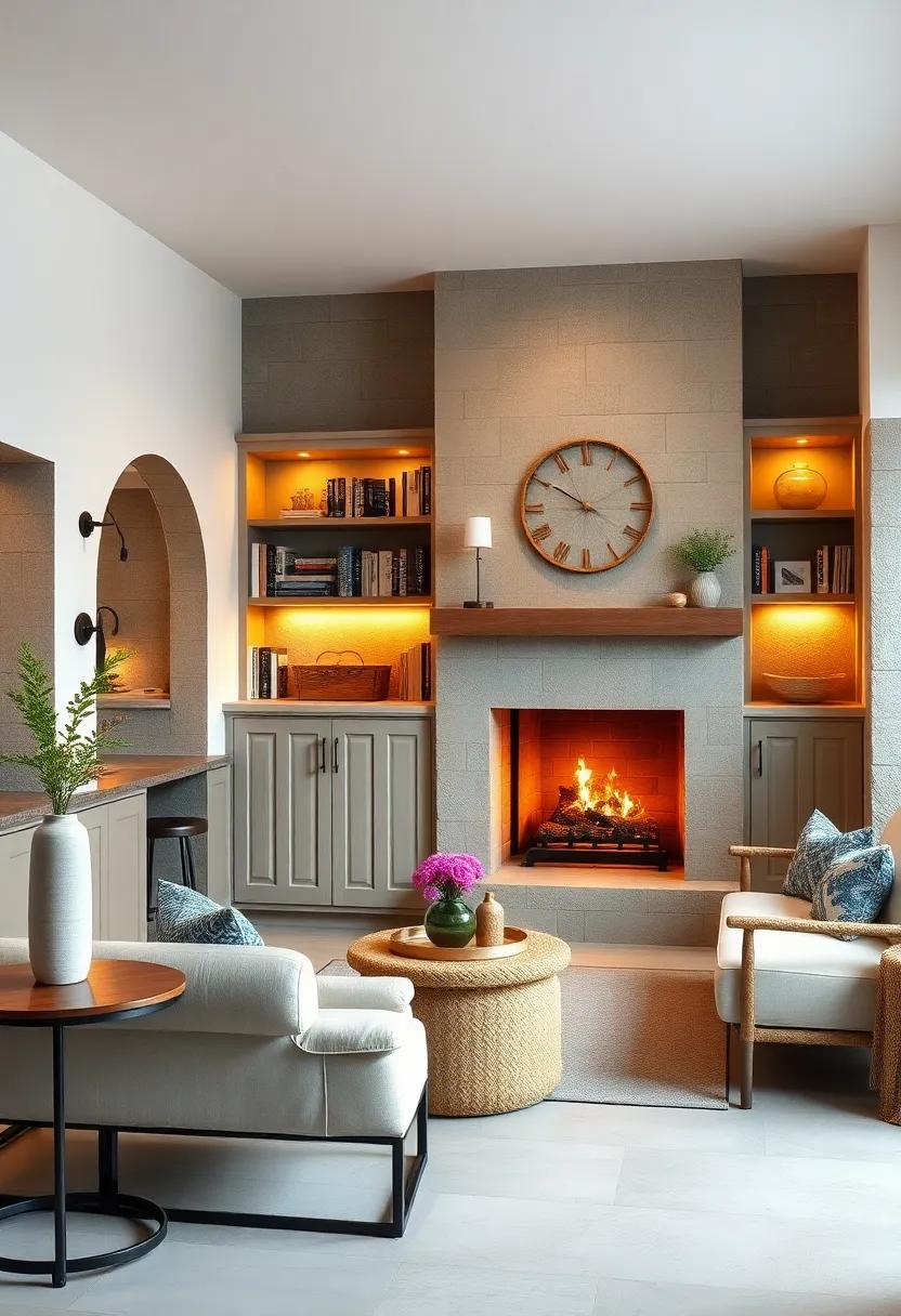 Cozy Fireplace Corner With Built-In Bookshelves And Soft Ambient Lighting Setting A Peaceful Mood