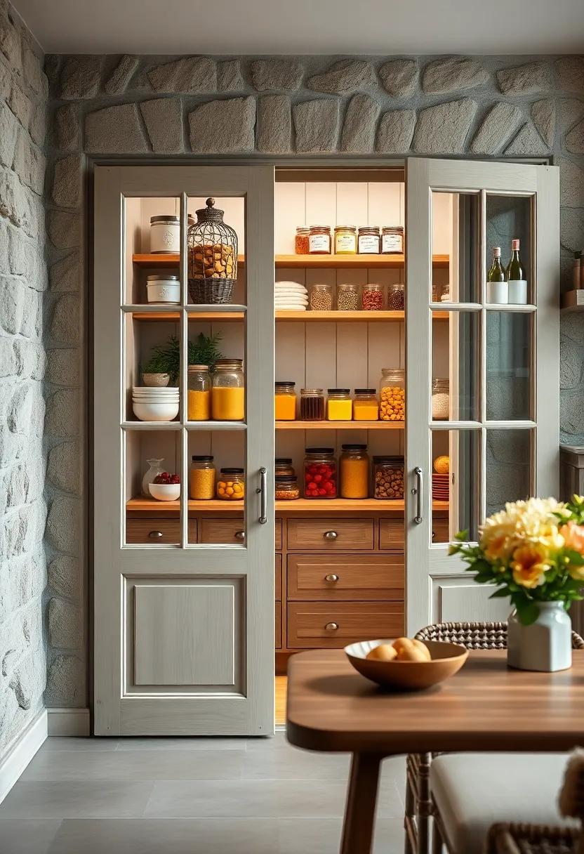 Glass Pantry Doors Revealing Rustic Wooden Shelving Stocked With Fresh Ingredients And Jars