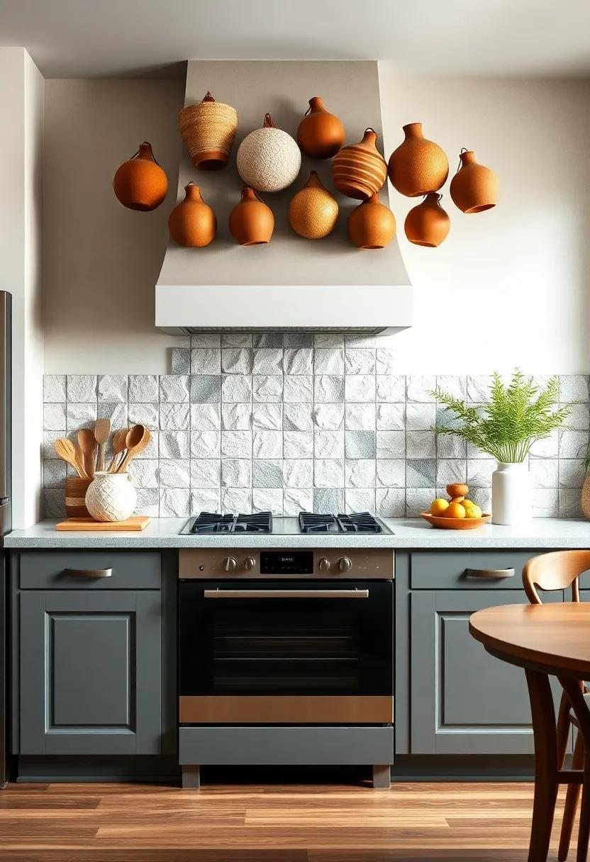 Textured Clay Pots Hanging Above A Range Hood Creating Rustic Charm Blended With Modern Simplicity
