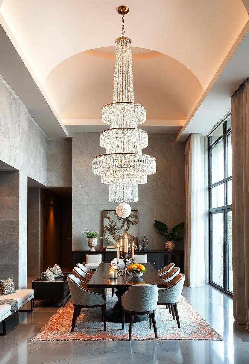 Chandeliers with Multi-tiered Crystals Transforming High Ceilings into Luxurious Dining Experiences