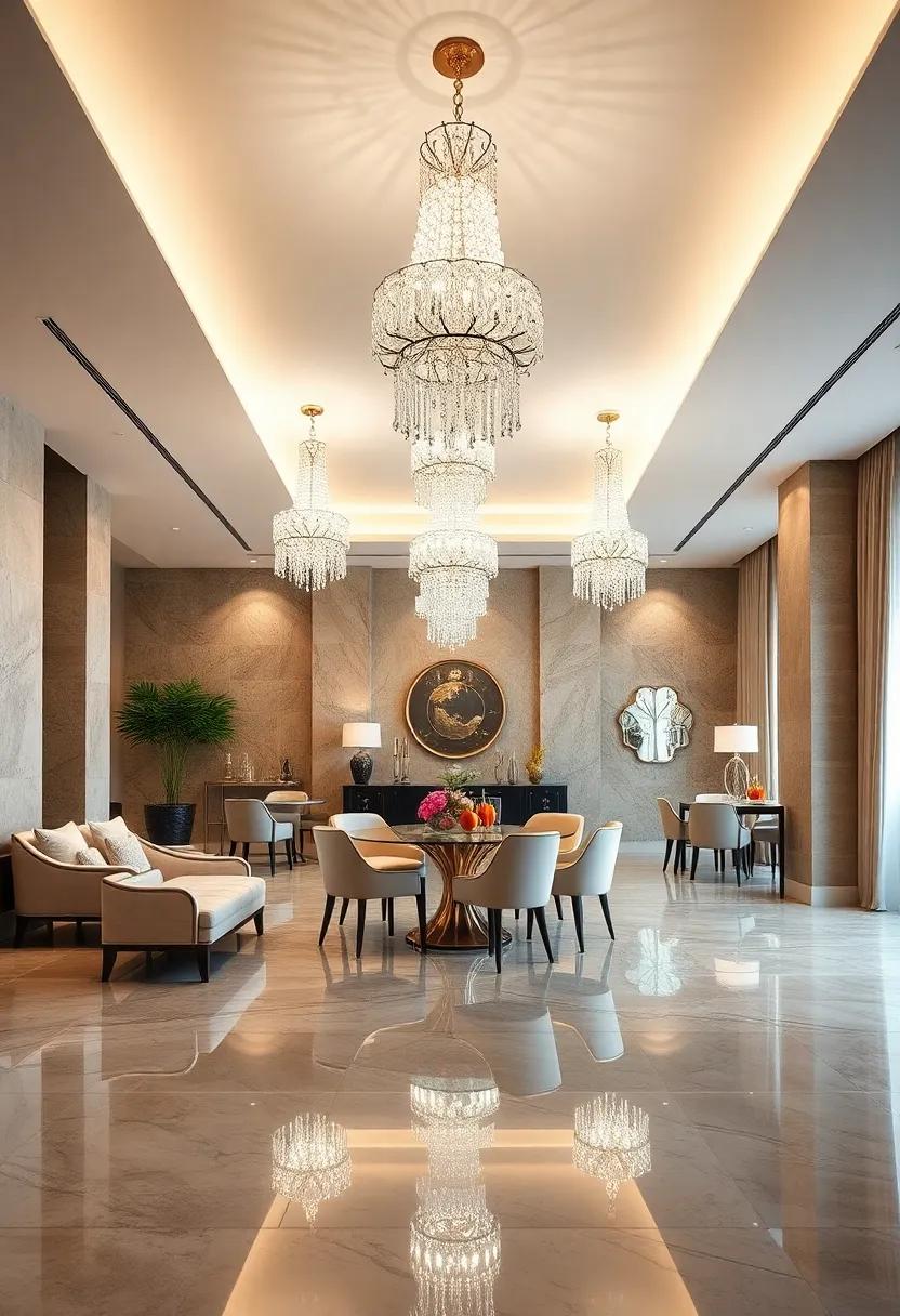 Reflective Polished Floors Enhancing the Radiance of Crystal Chandeliers in Elegant Dining Ones