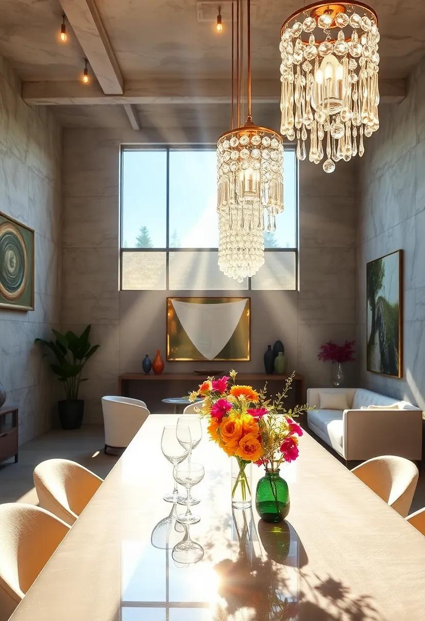 Sunlight Interplaying with Crystal Pendants Bringing Dynamic Light Patterns to Glamorous Tablescapes