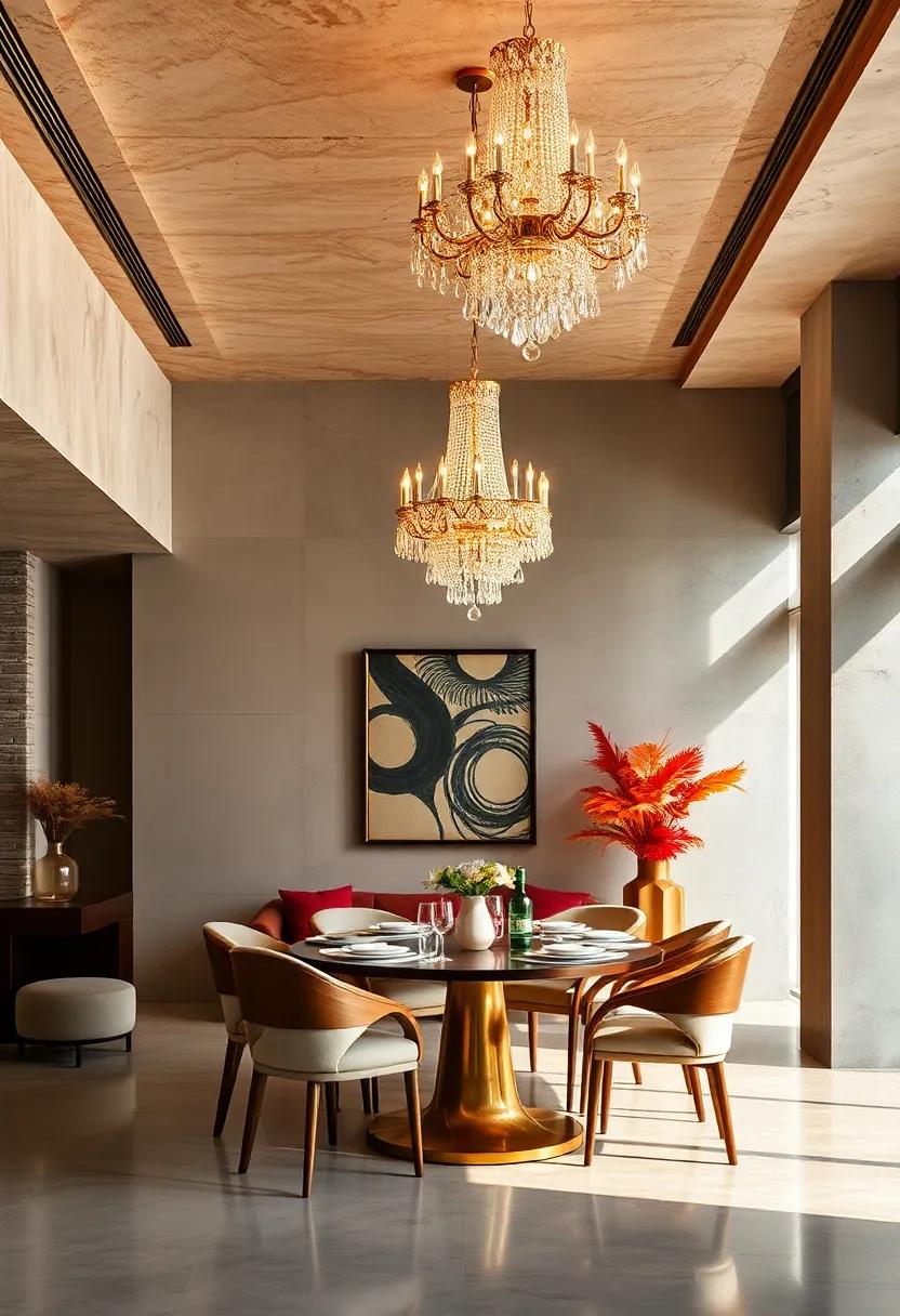 Warm Ambient Lighting from Golden Crystal Chandeliers Creating Intimate Dining Moments