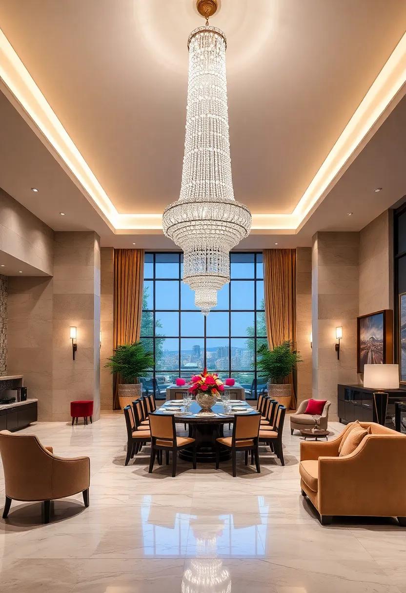 Grand Crystal Chandeliers as the Centerpiece in Spacious Dining Halls Showcasing Lavish Entertaining