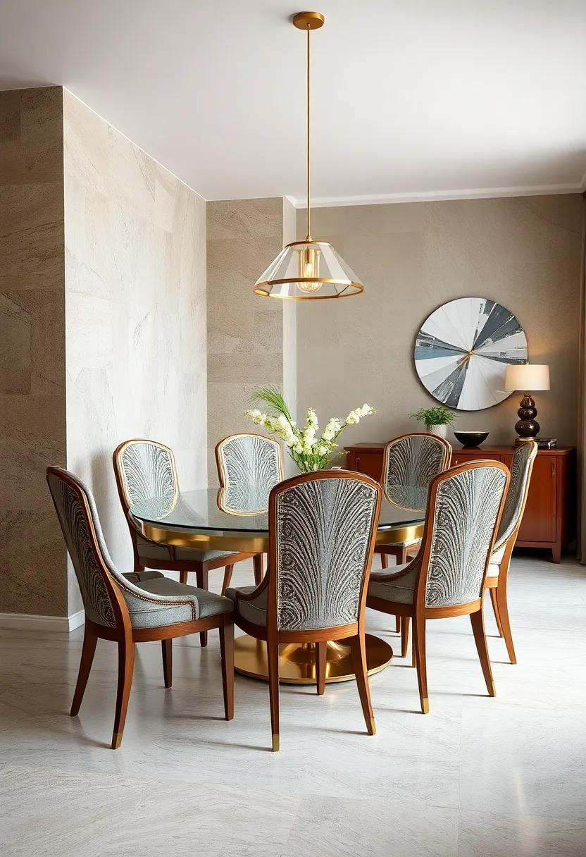 Art Deco Inspired Dining Chairs Adorned with Metallic Accents, Geometric Patterns, and Glossy Lacquer Finishes