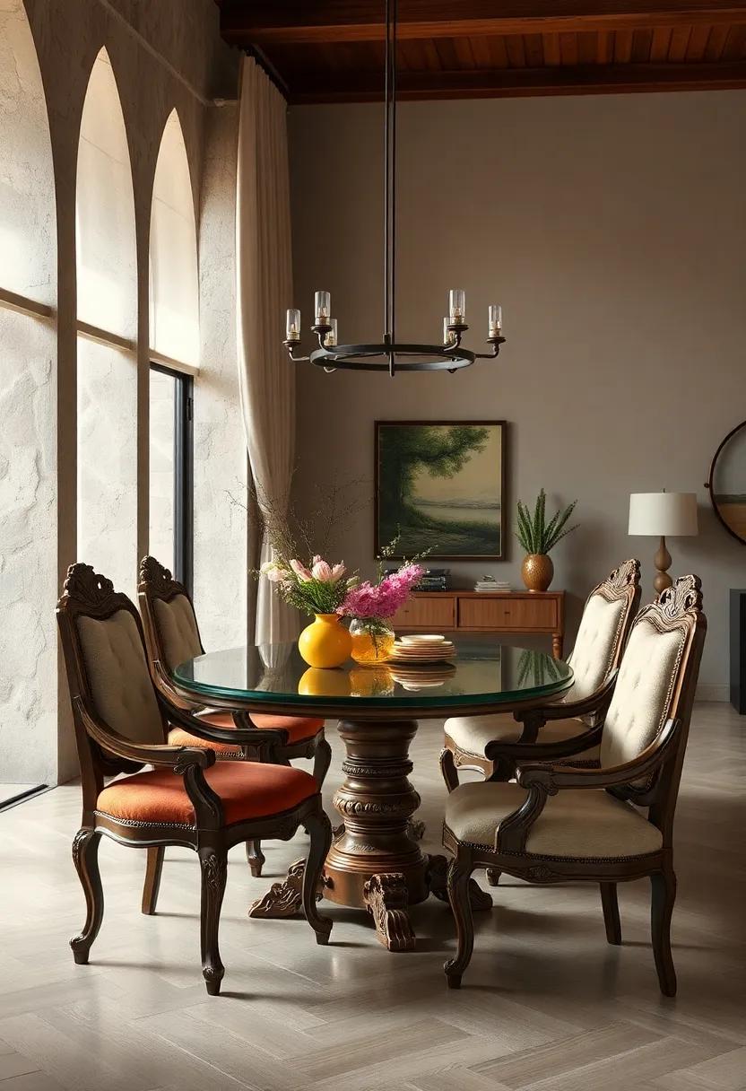 Classic Elegance Captured in Ornate Carved Wood Dining Chairs with Plush Upholstered Seats and Rich Fabrics