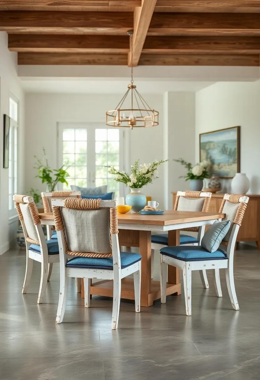 Coastal Inspired Dining Chairs Showcasing Whitewashed Wood, Nautical Rope Details, and Soft Blue Cushions