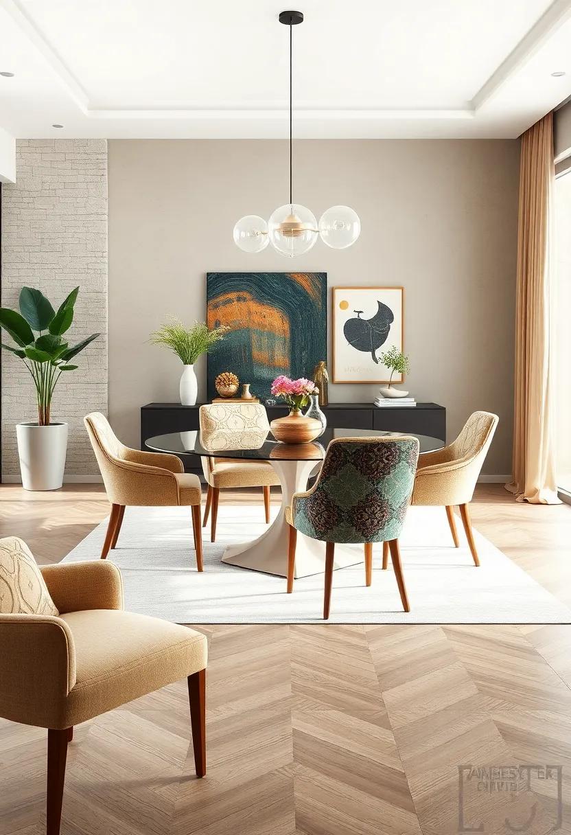 Eclectic Mix and Match Dining Chairs Displaying a Combination of Different Shapes, Colors, and Artistic Patterns