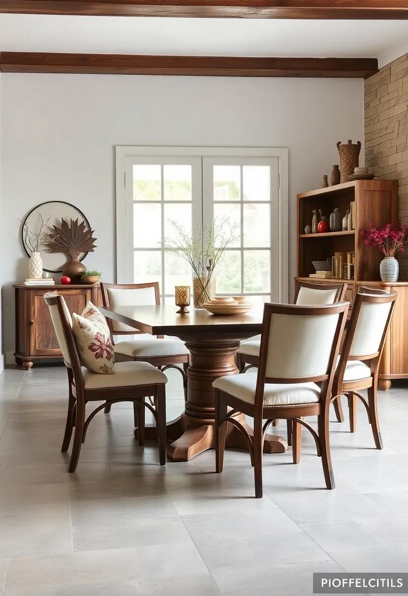 Rustic Farmhouse Dining Chairs Showcasing Weathered Wood, Soft Linen Cushions, and Simple Stirrup Details
