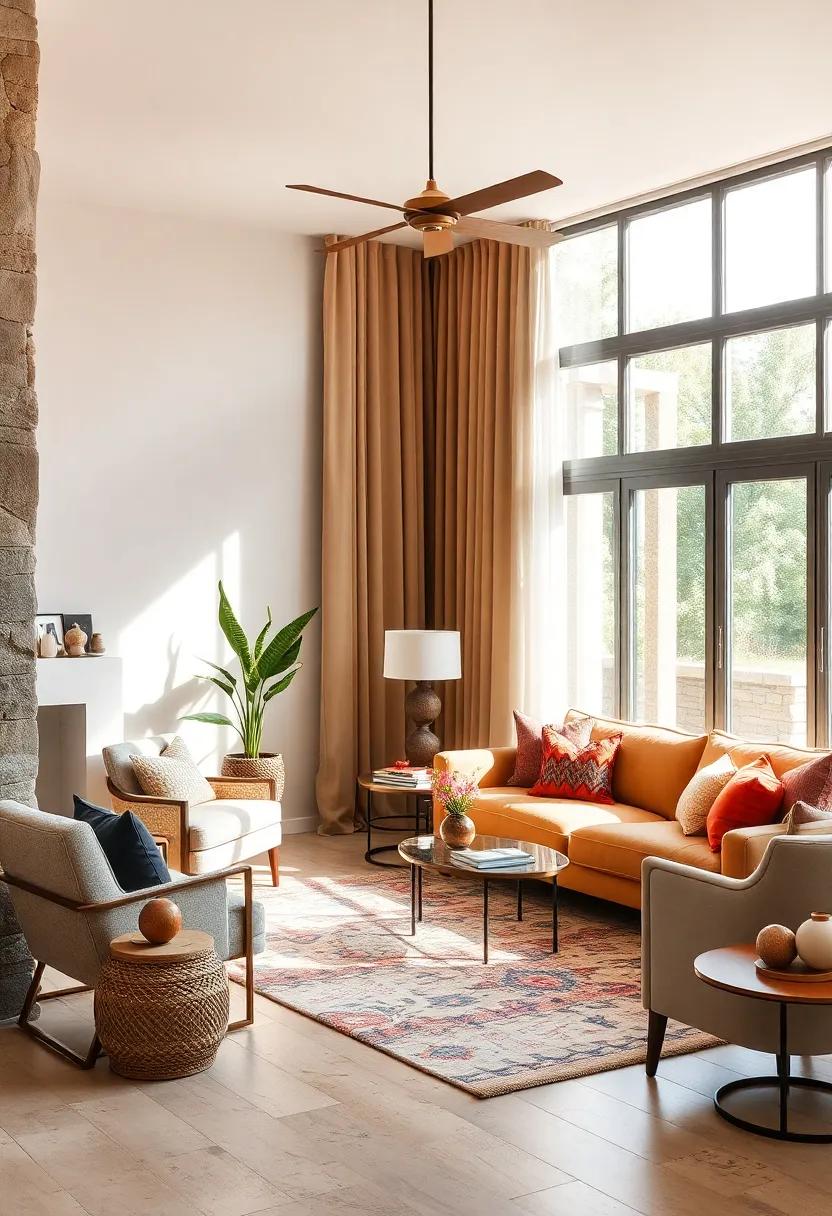 The Subtle Play of Velvet and Linen Drapery in a Sunlit Eclectic Living Room