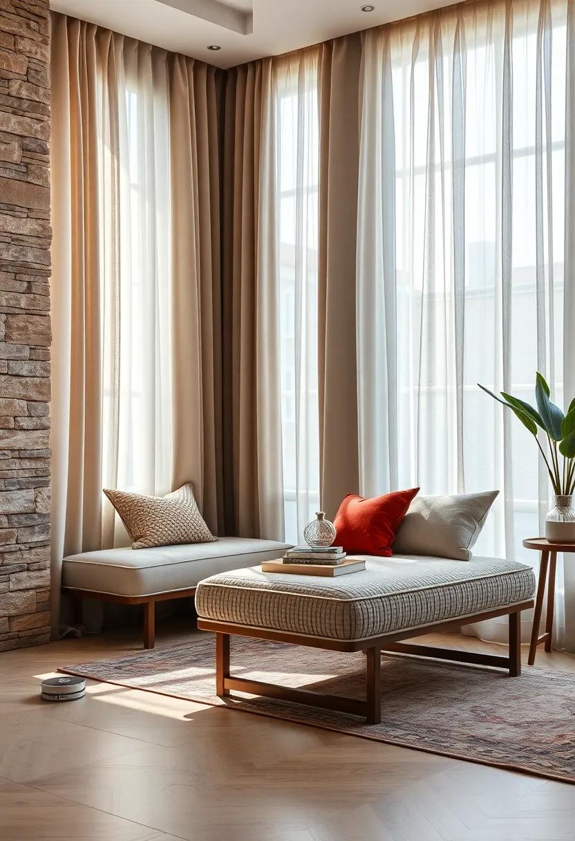 Layered Sheer Curtains Filtering Light Over Soft Textured Upholstered Benches