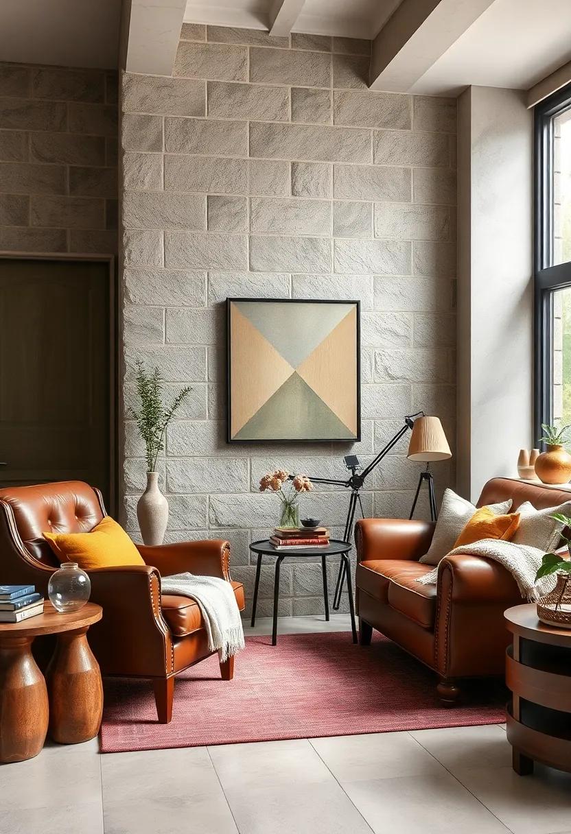 Vintage Leather Chairs Matched with Plush Wool Throws Creating Cozy Conversation Corners