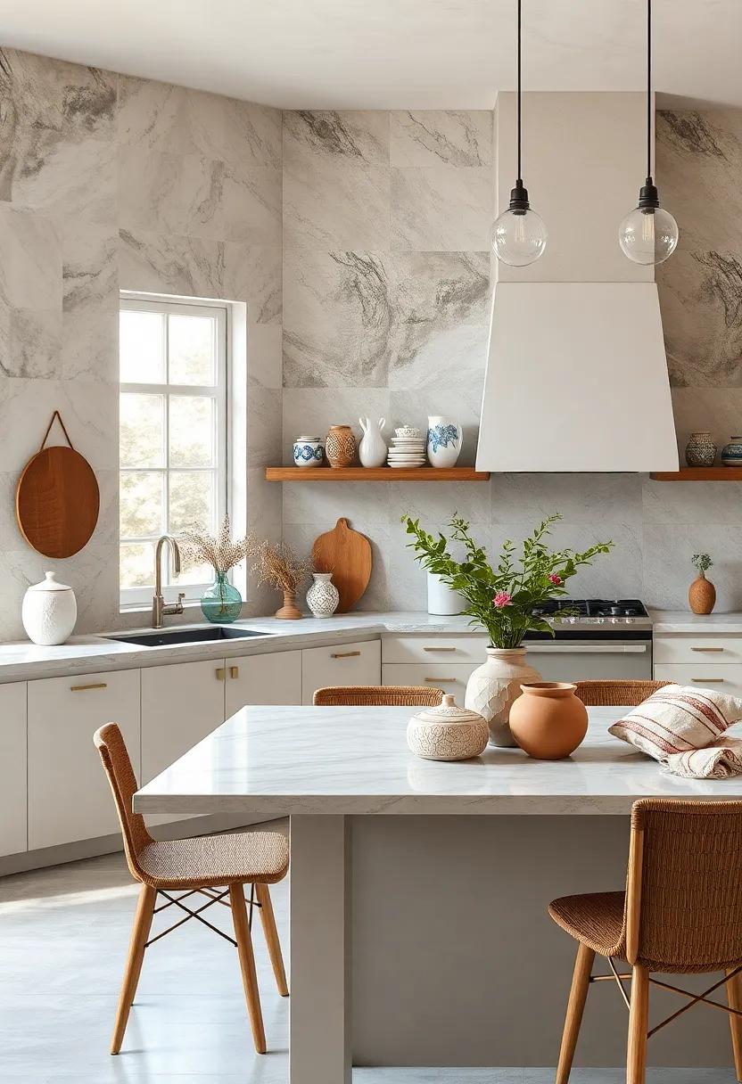 Smooth Ceramic Tiles Paired with Rough-Handed Pottery for Balanced Kitchen Aesthetic
