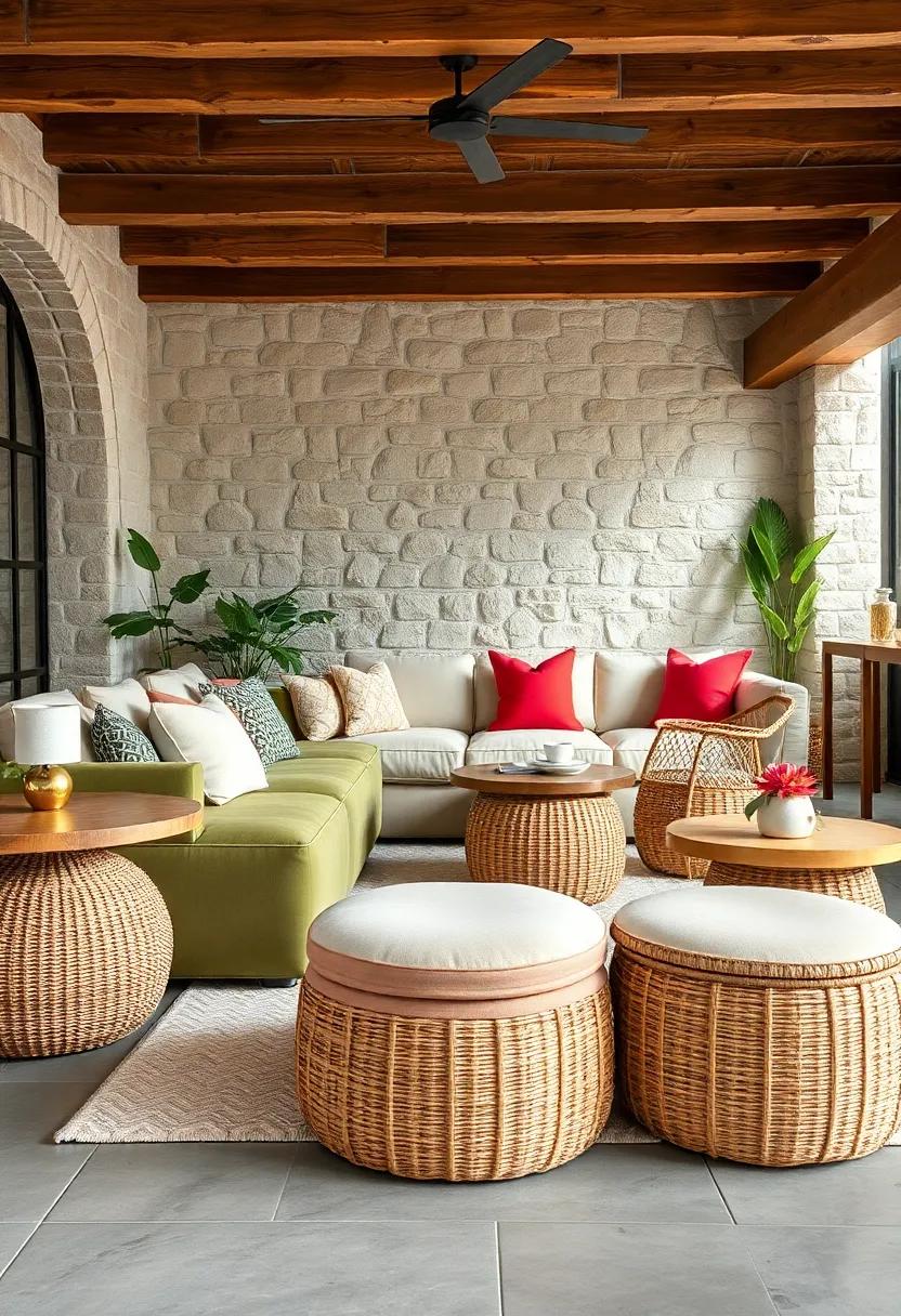 Plush Velvet Ottomans Complemented by Rustic Wicker Side Tables in a Breezy Lounge Area