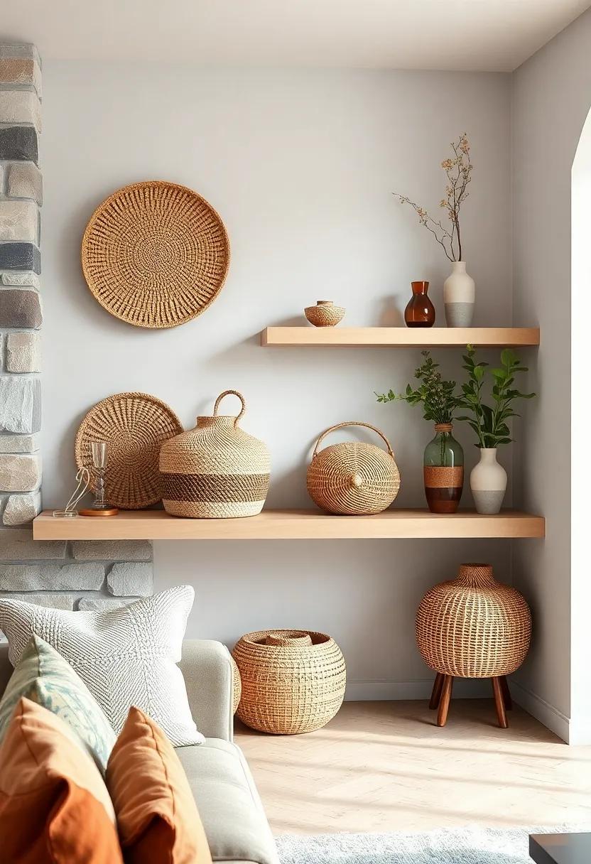 Bohemian Woven Baskets Paired With Minimalist Ceramic Vases on Open Floating Shelves