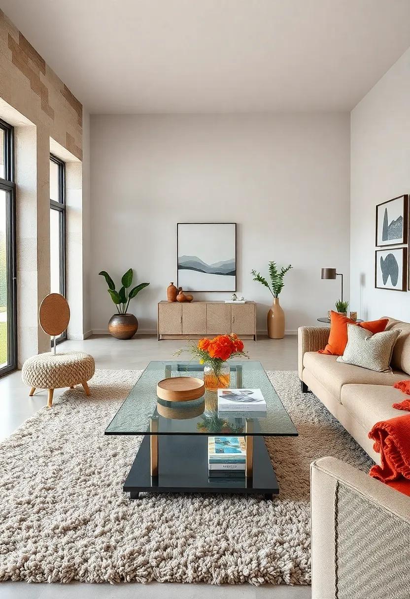 Cool Glass Surfaces Reflecting Warm Wooden Furniture and Colorful Patterned Cushions