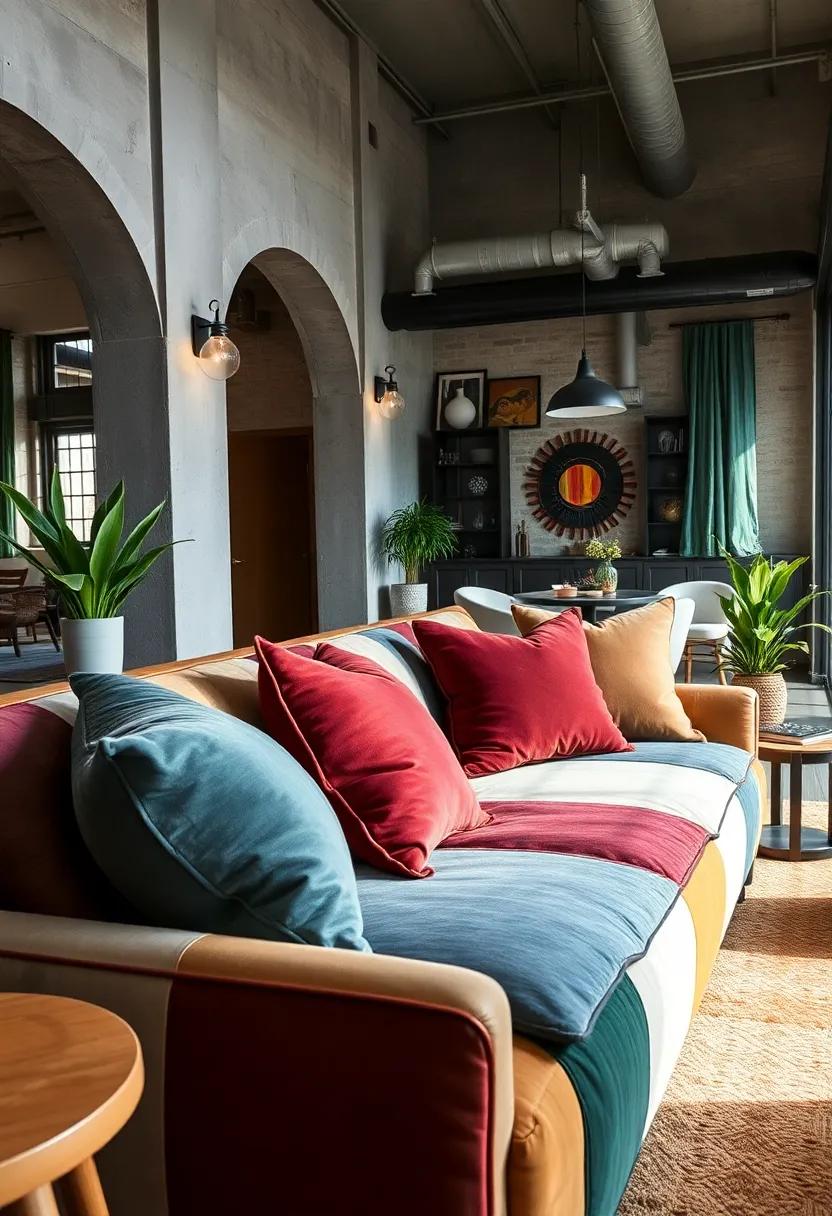 Rich Suede Cushions Arranged on a Patchwork Leather Sofa in an Eclectic Urban Loft