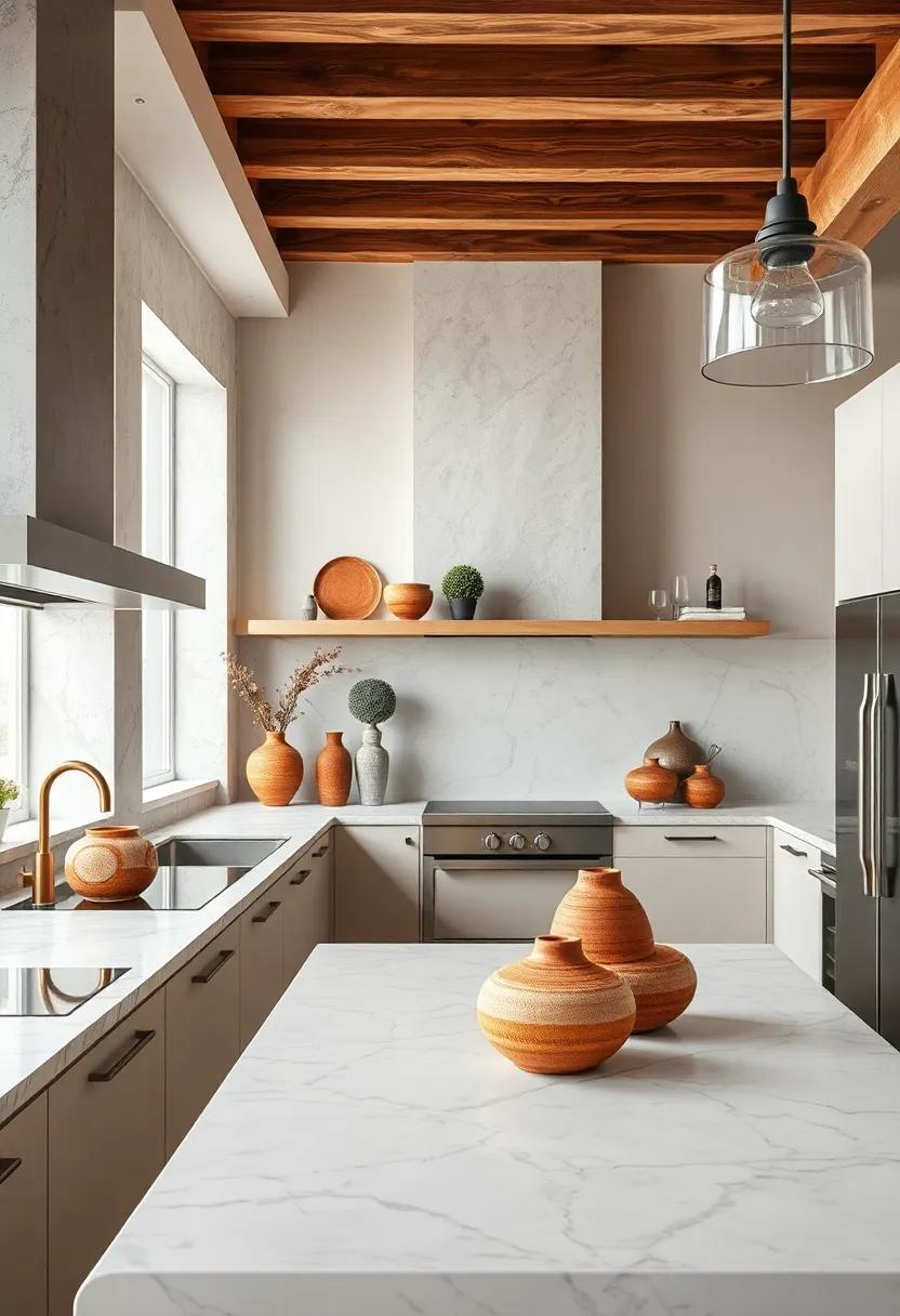Glossy Marble Countertops Complemented by Rough Textured Clay Pottery in Kitchen Spaces