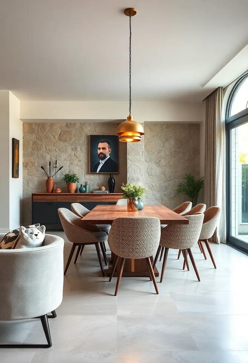 Brass Pendant Lights Casting Soft Glows Over Eclectic Mix of Textured Dining Chairs