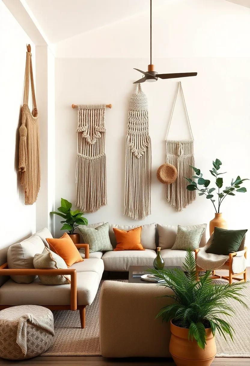 Handcrafted Macramé Wall Hangings Intertwined with Smooth Painted Walls in Earth Tones