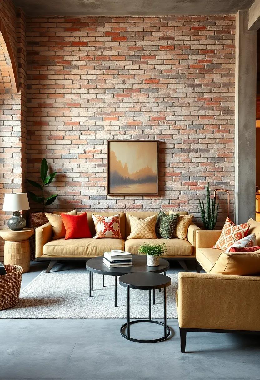 Textured Brick Walls Bringing Depth to Soft Neutrals and Vibrant Accent Pillows in Living Areas