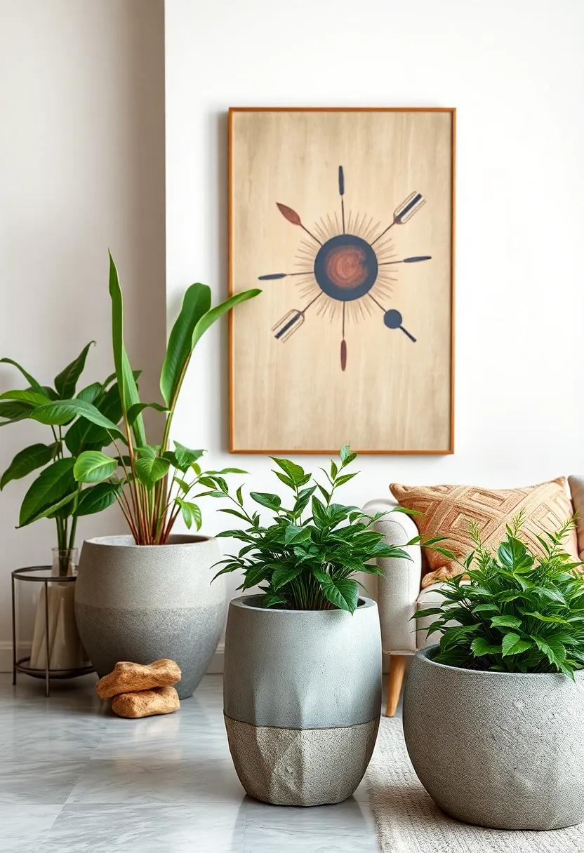 Concrete Planters Filled with Lush Greenery Set Against Matte Painted Eclectic Wall Art