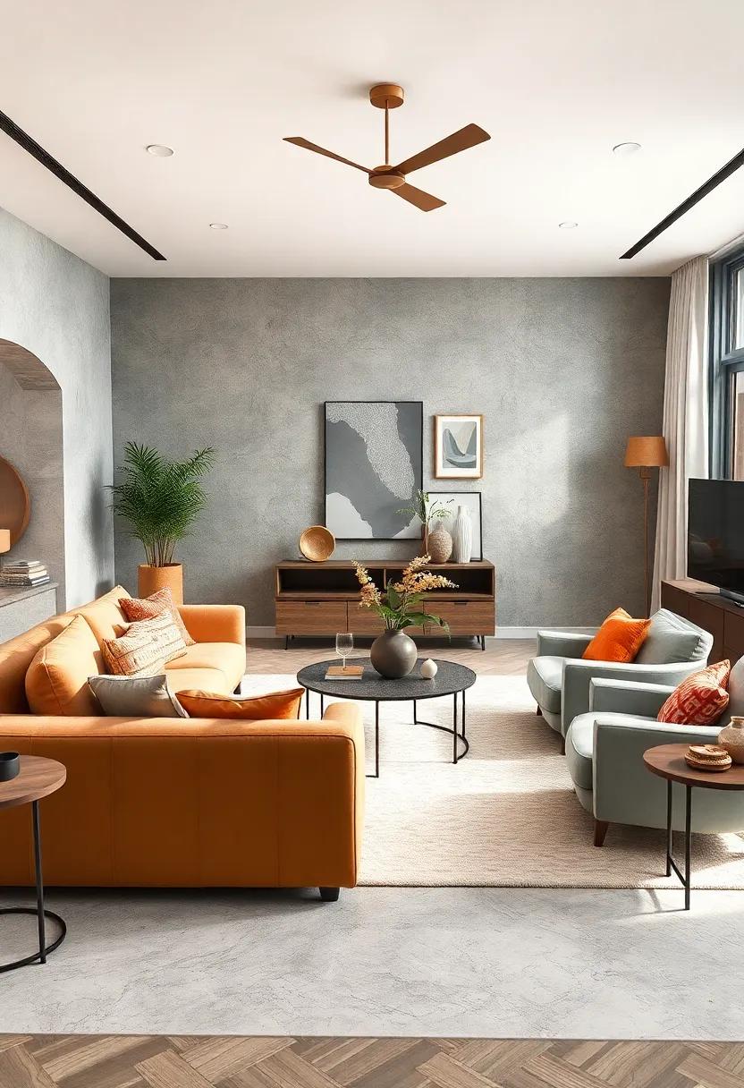 Playful Arrangement of Odd-Shaped Furniture Creating Visual Interest and Harmony